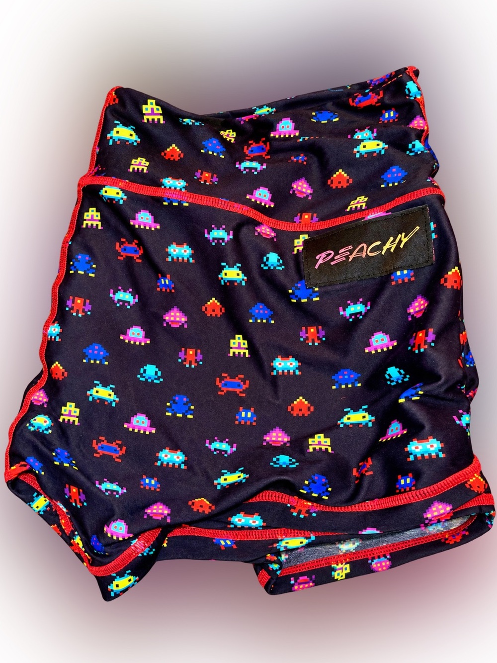 Peachy Women's Black Pixel Arcade Athletic Shorts - Multicolor Print